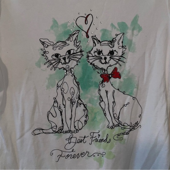Karen Scott Petites White Best Friends Forever Cat Graphic Tee Size Petite Large - Picture 3 of 6